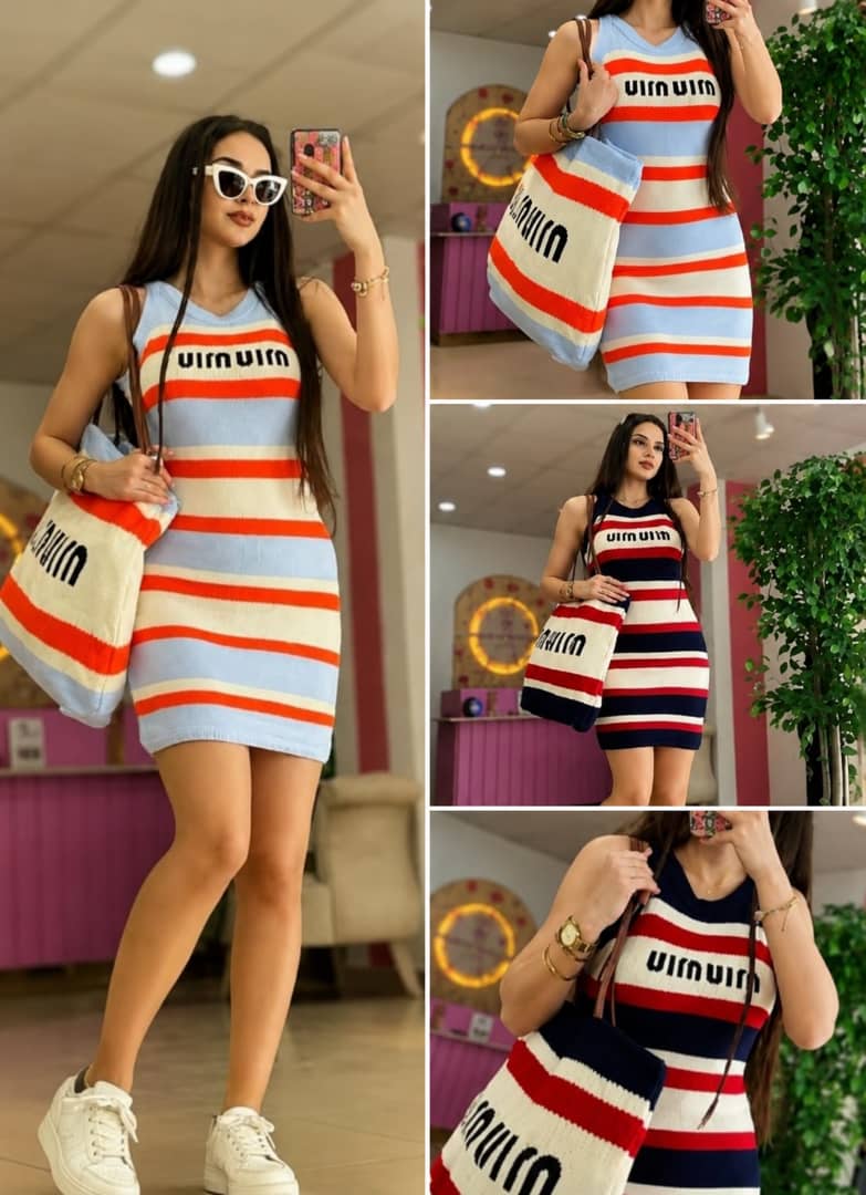 STRIPED KNIT MINI DRESS WITH MATCHING TOTE BAG.